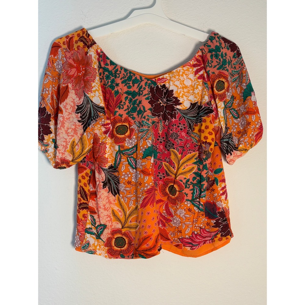 Loft Petites XXSP Floral Patchwork Puff Sleeve Blouse Orange Pink Boho Top